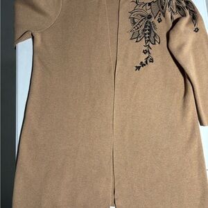 Chico's size 3 Tan Cardigan with Black Floral Embroidery EUC